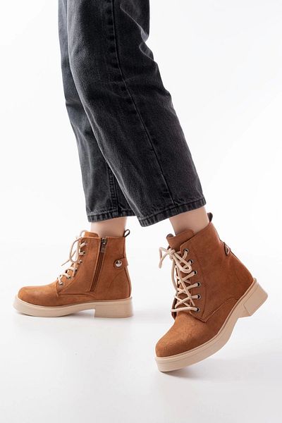 Shemard Καθημερινές γυναικείες μπότες 02-2003 Tan Suede Lace Up με φερμουάρ