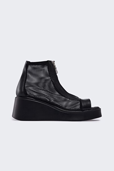 Favgi Pauen Siyah Deri Siyah File Kadın Sandalet