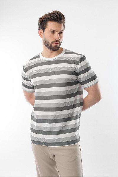 Madmext Ανδρικό μπλουζάκι Khaki Crew Neck ριγέ E7118