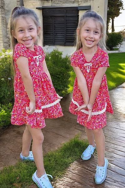 QUB CLUB Girl's Pressed Scalloped Floral Patterned Navy Blue Summer Holiday Dress