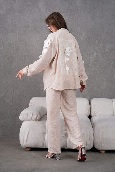 Miss Allos Women's Back and Sleeves Embroidered Floral Accessories Linen Kimono Jacket and Pants Bottom Top Set
