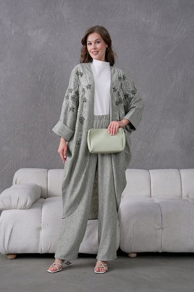 Miss Allos Women's Front Embroidered Pearl Detailed Linen Kimono and Pant Bottom Top Set