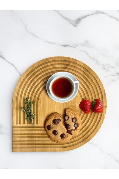 CİHO Bamboo Wood Carved Wavy Round Rainbow Decorative Tray Presentation Tray Presentation Rack