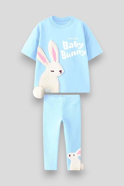 Magu Set pentru fete din bumbac albastru cu model iepure - Baby Bunny Slogan