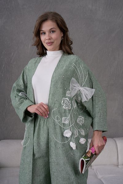 Miss Allos Women's Front Embroidered Rose Flower and Stone Embroidered Linen Kimono Cardigan and Pants Bottom Top Set