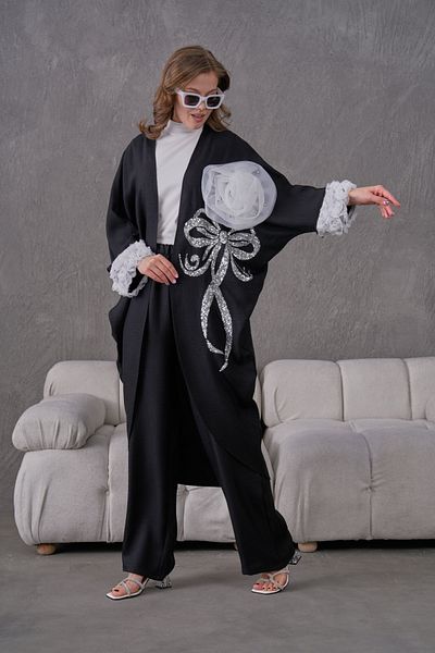 Miss Allos Women's Front Sequin Sequin Embroidered Flower and Stone Embroidered Linen Kimono Cardigan and Pants Bottom Top Set