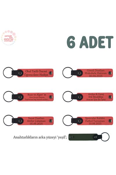 Miaju Pomegranate Flower & Green, Souvenir Keychain Set of 6 with Name Written on It, Special for Yoga Team, Armağan