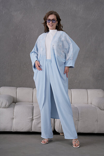 Miss Allos Жіночий передній тюлевий кардиган з вишитими бісером квітами кімоно і штани з верхом і низом