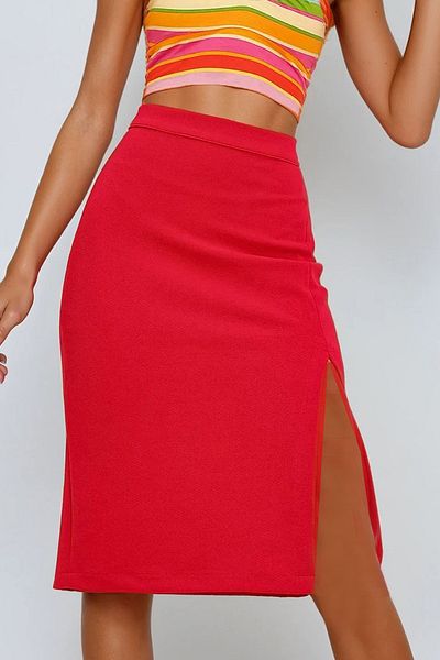 VAGGON Women's Fuchsia Slit Back Zipper Midi Skirt Vgn-X10714