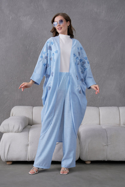 Miss Allos Жіноче переднє вишите перламутром детальне лляне кімоно та штани з...