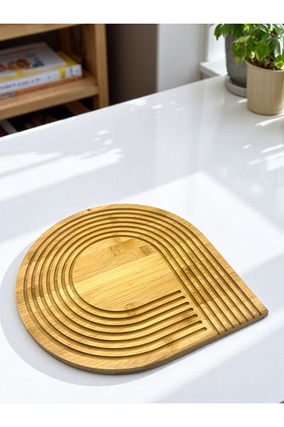 CİHO Bamboo Wood Carved Wavy Round Rainbow Decorative Tray Presentation Tray Presentation Rack