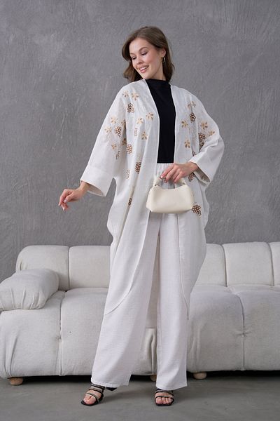 Miss Allos Women's Front Embroidered Pearl Detailed Linen Kimono and Pant Bottom Top Set