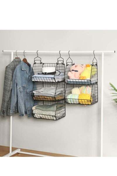 COOYA 5-layer hanging metal storage basket, layered design, stackable, with 4 hooks, for storing clothes