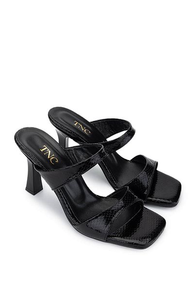 Tamer Tanca Women's Vegan Black Snake Pattern Heeled Slippers