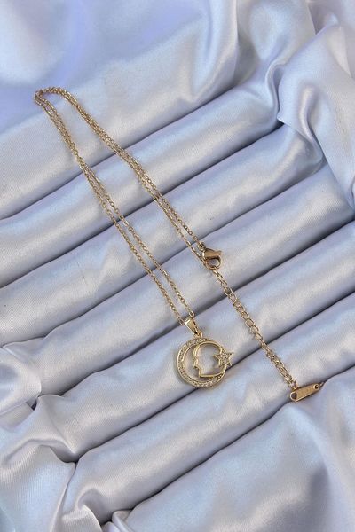 Store 316L Steel Chain Gold Color Zircon Stone Ataturk Necklace with Crescent and Star Icon
