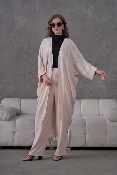 Miss Allos Women's Earthiness Linen - Beaded Floral Embroidered Kimono Cardigan and Pantalon Bottom Set