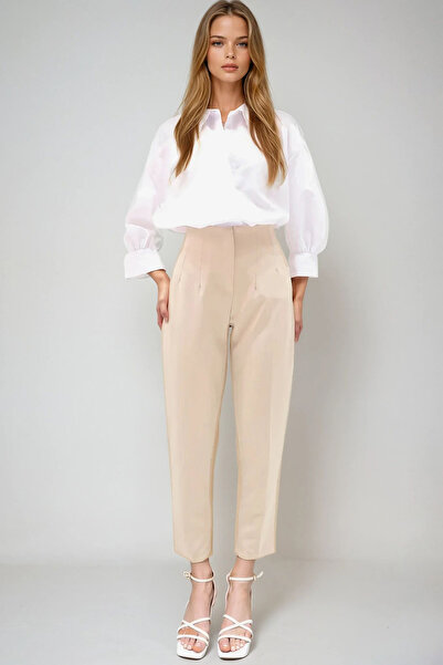 VAGGON Women's Beige High Waist Carrot Pants Prmx12656