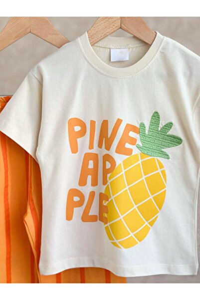 Magu Unisex Children's Cotton Ecru Pineapple Slogan T-Shirt and Striped Bermuda Set