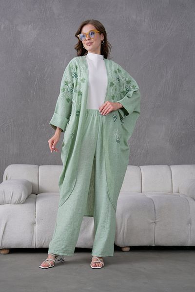 Miss Allos Women's Front Embroidered Pearl Detailed Linen Kimono and Pant Bottom Top Set