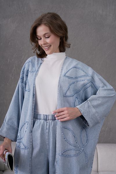 Miss Allos Women's Sequin Embroidered Denim Kimono Cardigan and Trouser Top Set