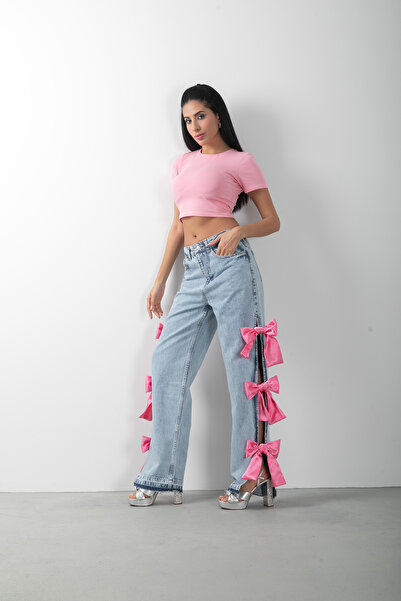 top girl Fiyonk Aksesuarlı Tasarım Kadın Yırtmaçlı Jean Denim Pantolon