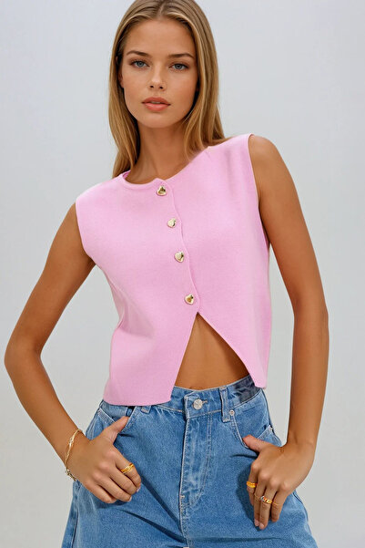 VAGGON Women's V-Neck Gold Button Detailed Knitwear Vest Prm1194