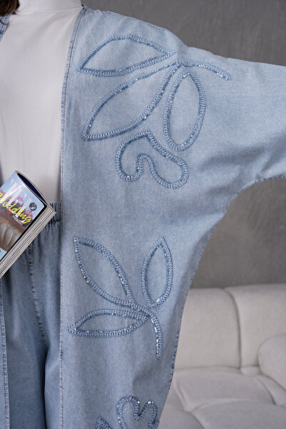 Miss Allos Women's Sequin Embroidered Denim Kimono Cardigan and Trouser Top Set