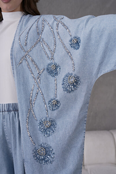 Miss Allos Women's Front Sequin Sequin Embroidered Stone Pearl Canceled Denim Kimono Cardigan and Denim Pants Bottom Set