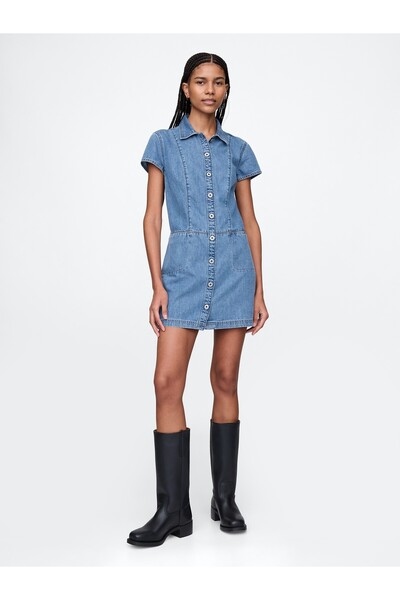 GAP Kadın Mavi UltraSoft Denim Mini Shift Elbise