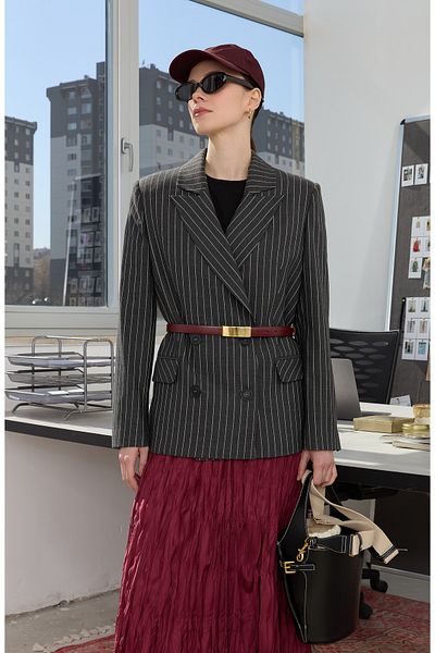 Fatma Atasoy Striped Anthracite Midi Dad Jacket