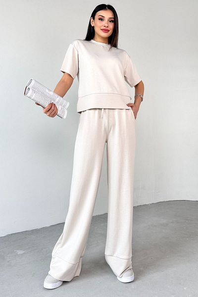 Cappmoda Tkm-13255 Stone Color Half Sleeve Blouse Pipe Leg Trousers Double Set