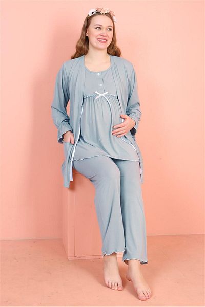 JENİKA Set de pijamale din 3 piese pentru maternitate cu mânecă lungă, cu țevi și buzunare, cu nasturi care se pot deschide