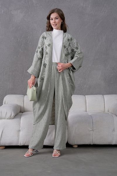 Miss Allos Women's Front Embroidered Pearl Detailed Linen Kimono and Pant Bottom Top Set