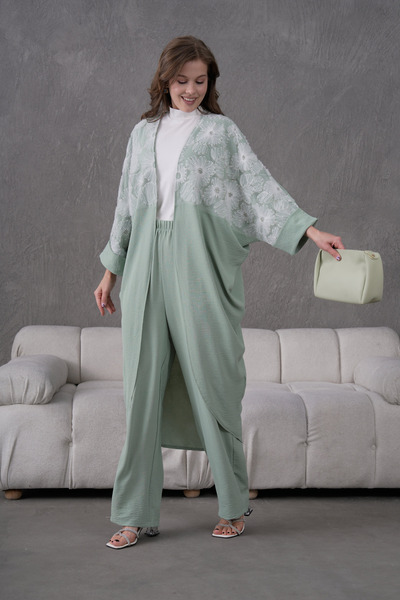 Miss Allos Women's Front Tulle Beaded Flower Embroidered Kimono Cardigan and Pants Bottom Top Set