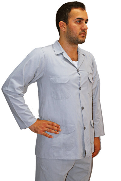 Beratnur Luxury Men's Linen 4-Pocket Double Safari Suit Hajj Umrah Outfit Light Gray