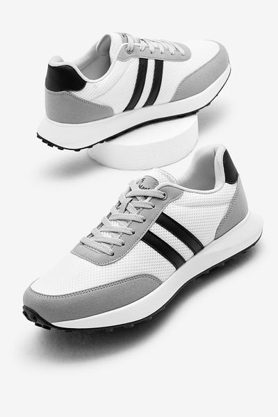 Tonny Black Men's Stone White Thermo Sole Striped Breathable Fabric Lace-Up Sports Shoes