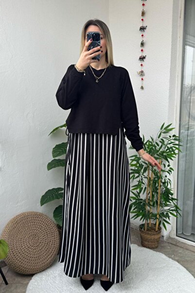 Kubos Moda Rochie lungă neagră cu mâneci lungi și cravată laterală