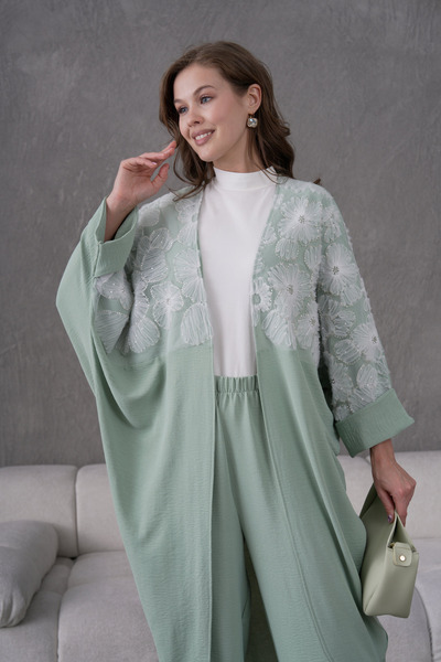 Miss Allos Women's Front Tulle Beaded Flower Embroidered Kimono Cardigan and Pants Bottom Top Set