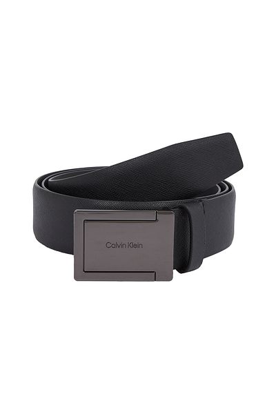 Calvin Klein Black Genuine Leather Formal Plaque Text 35 Belt