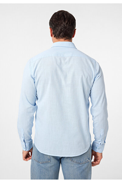 Williot Bibiana Erkek Açık Mavi Regular Fit Uzun Kollu Düğmeli Yaka Keten Görünümlü Pamuklu Gömlek