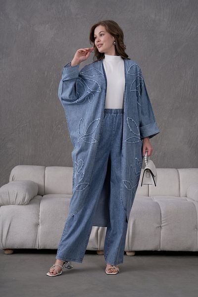 Miss Allos Women's Sequin Embroidered Denim Kimono Cardigan and Trouser Top Set
