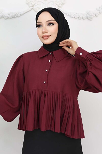 benguen Pleated Short Shirt Claret Red 2248