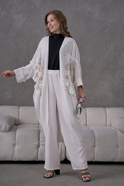 Miss Allos Women's Front Embroidered Rose Flower and Stone Embroidered Linen Kimono Cardigan and Pants Bottom Top Set