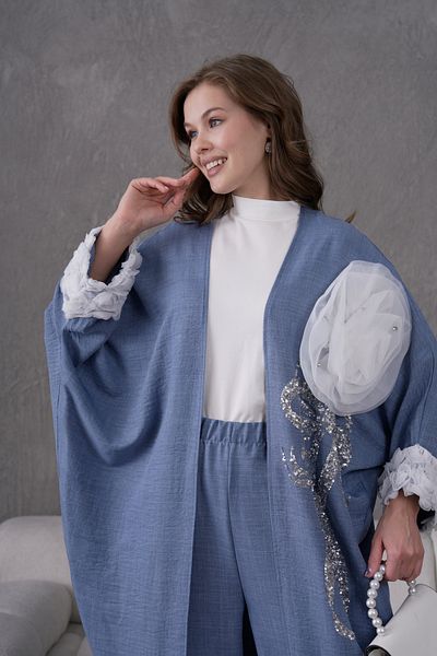 Miss Allos Women's Front Sequin Sequin Embroidered Flower and Stone Embroidered Linen Kimono Cardigan and Pants Bottom Top Set
