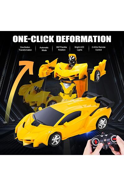 Yelajoy Rc Transforming Car Robot Toys, With Lights 2.4GHz, 3 Rechargeable Battery, for 3+, Yellow