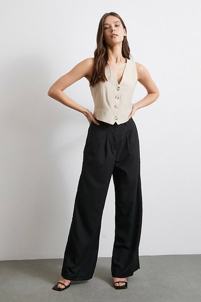 Never more High Waist Elastic Waist Wide Leg Trousers Black