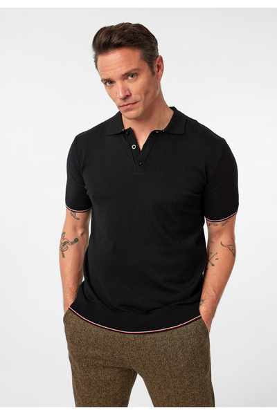 Williot Constantin Men's Black Regular Short Sleeve Buttoned Striped Slim Knitwear Polo Neck T-Shirt