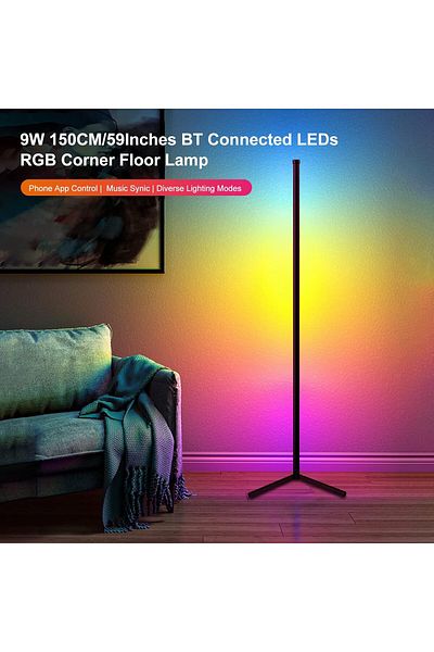 COOYA مصباح أرضي زاوية LED RGB، مع وحدة تحكم، 3 أوضاع تحكم، 256 تأثيرًا ديناميكيًا، أسود