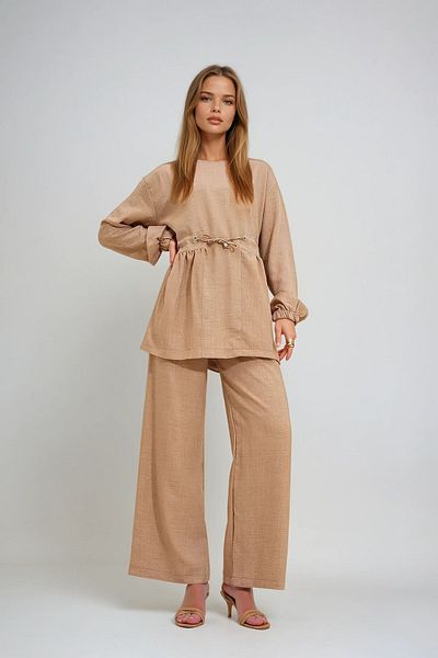 VAGGON بدلة تونيك نسائية باللون البيج وياقة دائرية وحزام ذاتي Palazzo Pants PRMX12299