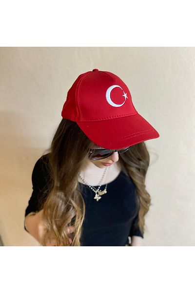 sema aksesuar 23 April Special Red Unisex Moon Star Hat - Adjustable with Velcro on the Back - 19 May